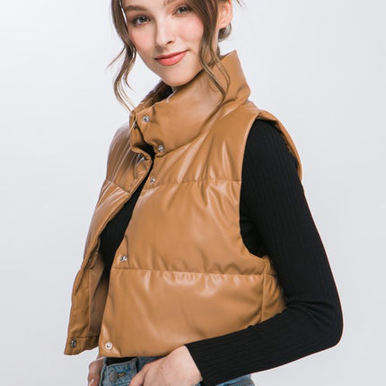 Chic Stylish Fashion PU Faux Leather Cropped Puffer Vest