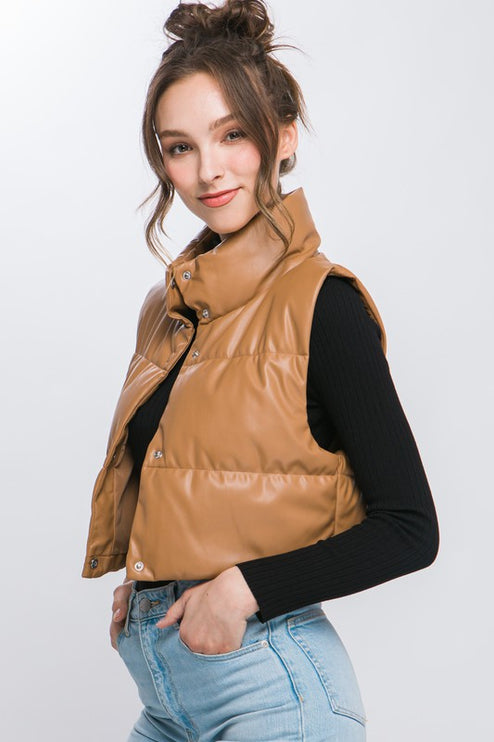 Chic Stylish Fashion PU Faux Leather Cropped Puffer Vest