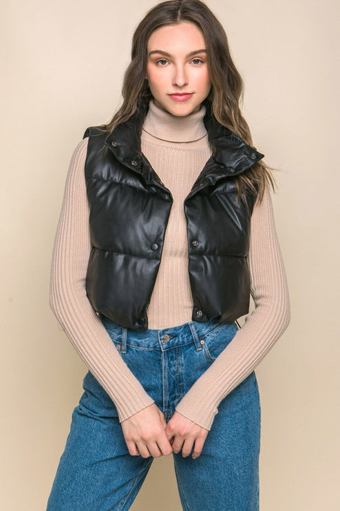 Chic Stylish Fashion PU Faux Leather Cropped Puffer Vest