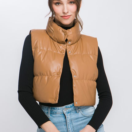 Chic Stylish Fashion PU Faux Leather Cropped Puffer Vest