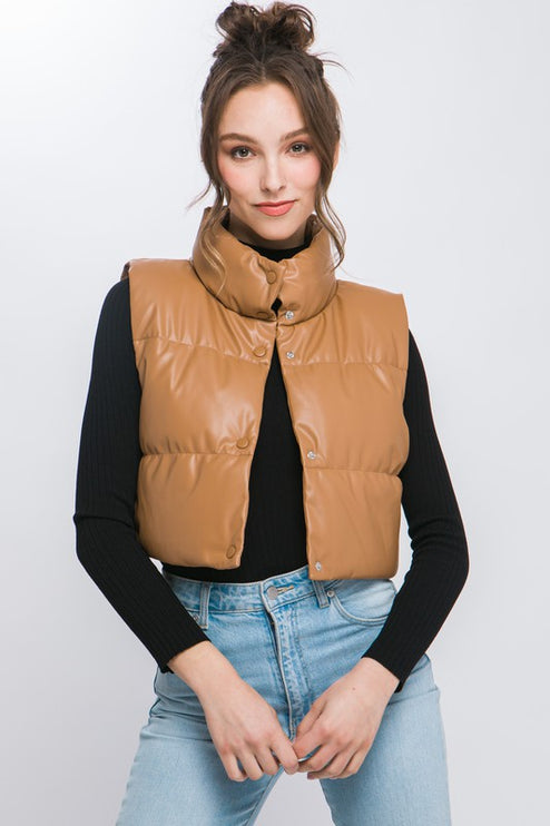 Chic Stylish Fashion PU Faux Leather Cropped Puffer Vest