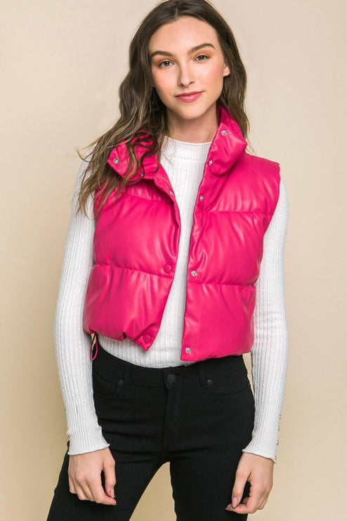 Chic Stylish Fashion PU Faux Leather Cropped Puffer Vest