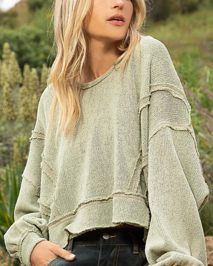 Solid Casual Chic Round Neck Balloon Long Sleeve Hooded Knit Top