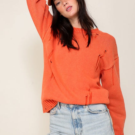 Casual Stylish Mineral Wash Distressed Long Sleeve Fashion Top Sweater