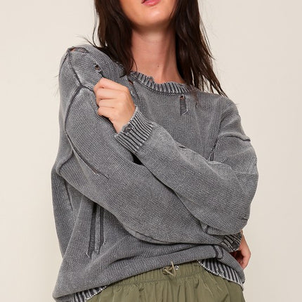 Casual Stylish Mineral Wash Distressed Long Sleeve Fashion Top Sweater