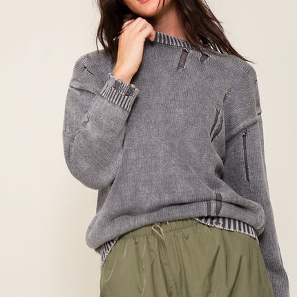 Casual Stylish Mineral Wash Distressed Long Sleeve Fashion Top Sweater