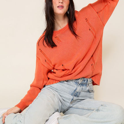 Casual Stylish Mineral Wash Distressed Long Sleeve Fashion Top Sweater