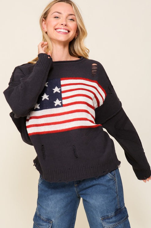 Distressed USA Flag Print Design Long Sleeve Fashion Top Sweater