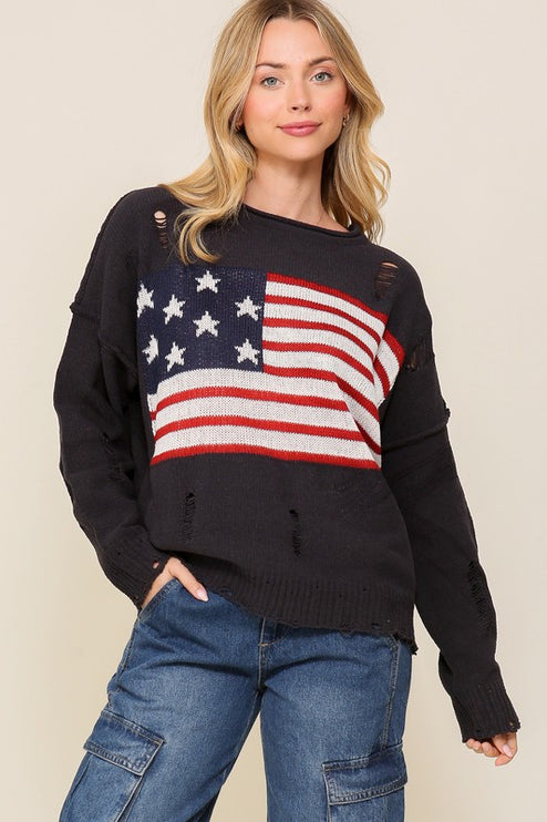 Distressed USA Flag Print Design Long Sleeve Fashion Top Sweater