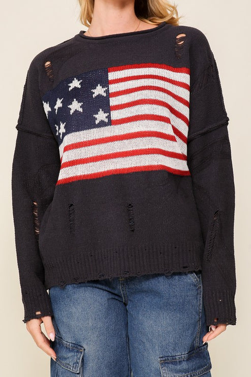 Distressed USA Flag Print Design Long Sleeve Fashion Top Sweater