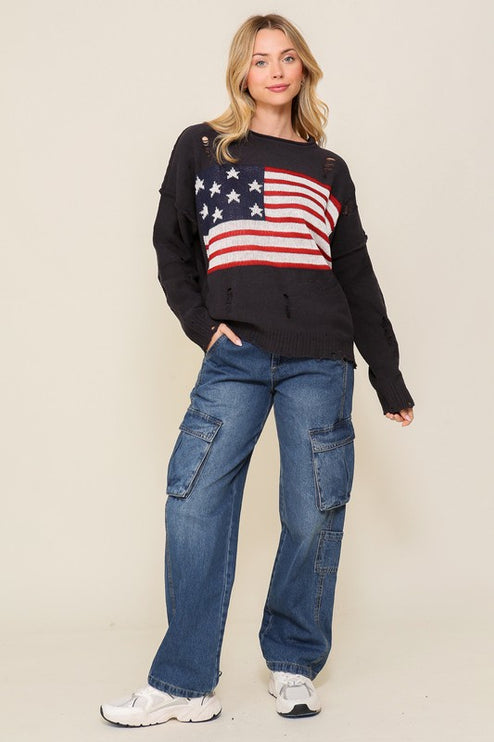 Distressed USA Flag Print Design Long Sleeve Fashion Top Sweater