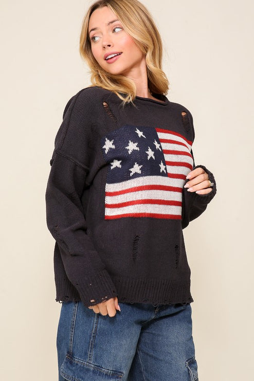 Distressed USA Flag Print Design Long Sleeve Fashion Top Sweater