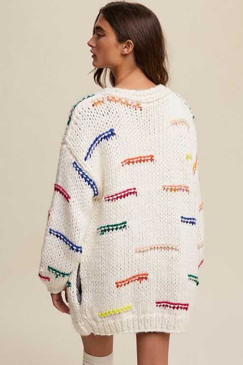 Stylish Casual Stripe Design Hand Crochet Knit Sweater Open Cardigan
