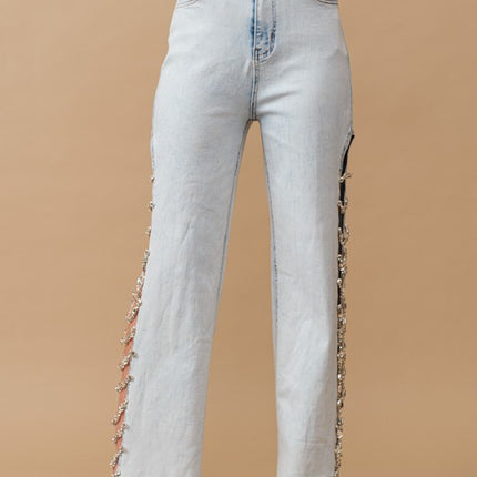 Fashion Edgy Chain-Link Jewel Trim Side Cut Out Stretch Pants Denim Jeans
