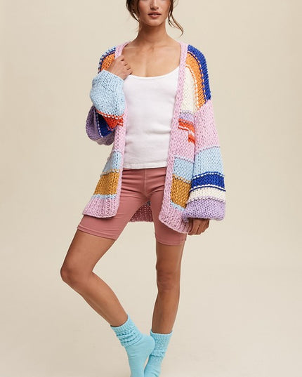Chic Multicolor Striped Design Loose Fit Hand Knit Sweater Cardigan