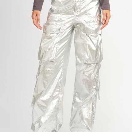 Trendy Futuristic Metallic Silver Reflective Detail Fashion Cargo Pants - Accessoriesforever
