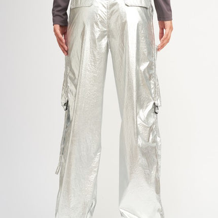 Trendy Futuristic Metallic Silver Reflective Detail Fashion Cargo Pants - Accessoriesforever