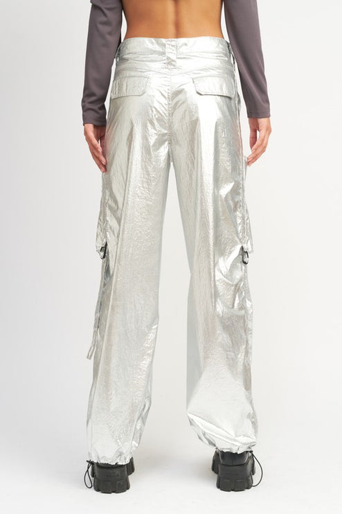 Trendy Futuristic Metallic Silver Reflective Detail Fashion Cargo Pants