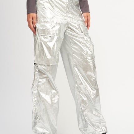 Trendy Futuristic Metallic Silver Reflective Detail Fashion Cargo Pants - Accessoriesforever