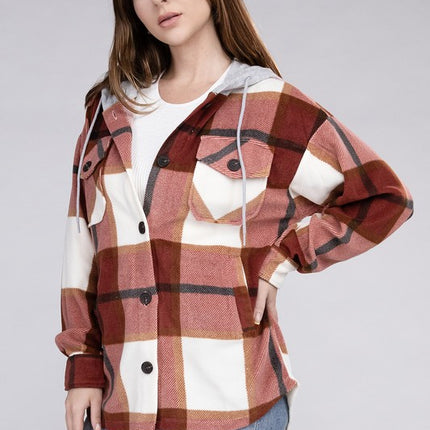Comfy Casual Plaid Drawstring Hooded Fleece Shacket - Accessoriesforever