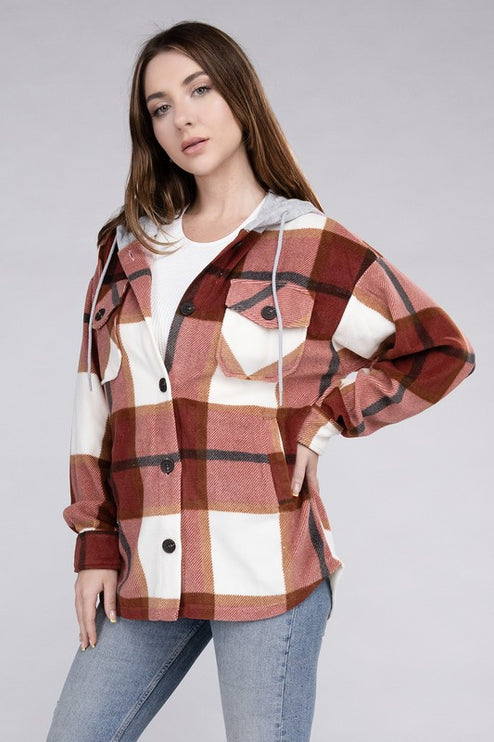 Comfy Casual Plaid Drawstring Hooded Fleece Shacket