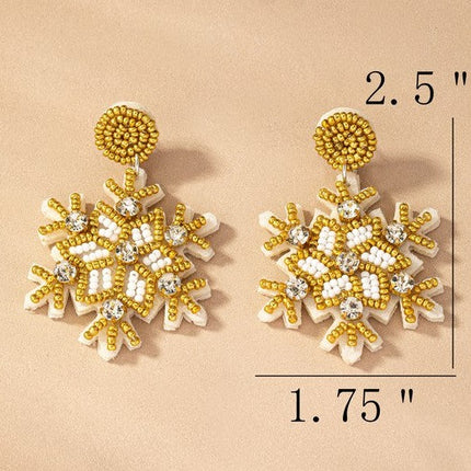 Beautiful Handcrafted Golden Beaded Rhinestone Snowflake Christmas Holiday Drop Earrings - Accessoriesforever
