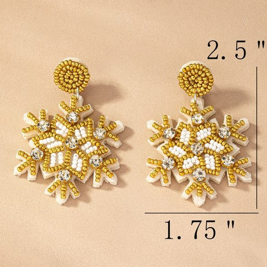 Beautiful Handcrafted Golden Beaded Rhinestone Snowflake Christmas Holiday Drop Earrings