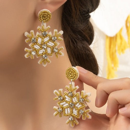 Beautiful Handcrafted Golden Beaded Rhinestone Snowflake Christmas Holiday Drop Earrings