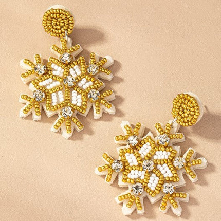 Beautiful Handcrafted Golden Beaded Rhinestone Snowflake Christmas Holiday Drop Earrings - Accessoriesforever