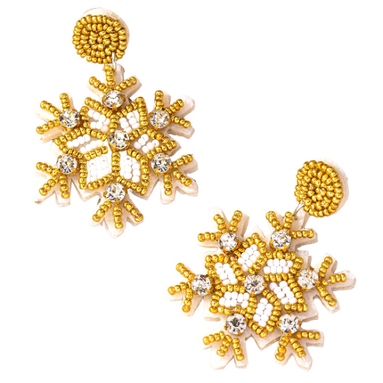 Beautiful Handcrafted Golden Beaded Rhinestone Snowflake Christmas Holiday Drop Earrings - Accessoriesforever