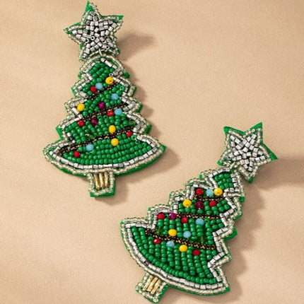 Beautiful Large Handcrafted Seed Beads Christmas Tree Holiday Drop Earrings