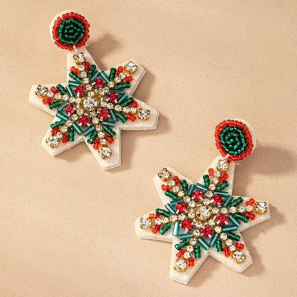 Festive Handcrafted Beaded Crystal Rhinestones Snowflake Christmas Holiday Drop Earrings