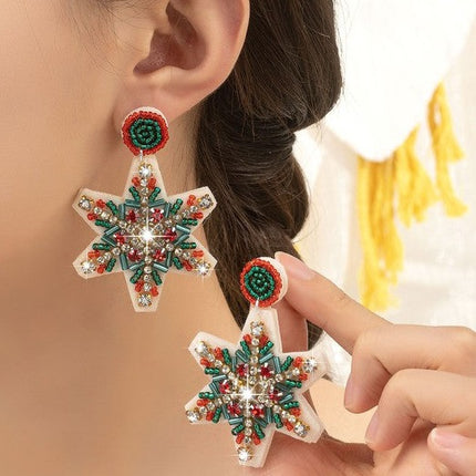 Festive Handcrafted Beaded Crystal Rhinestones Snowflake Christmas Holiday Drop Earrings