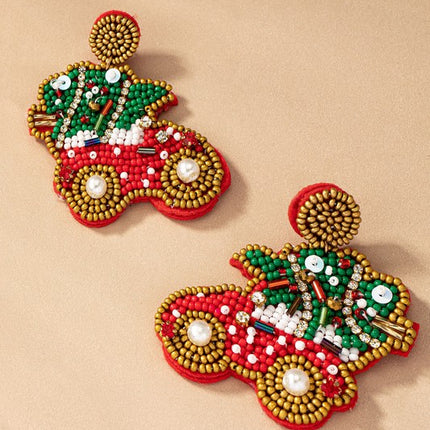 Adorable Seed Bead Rhinestone Christmas Tree Car Holiday Earrings