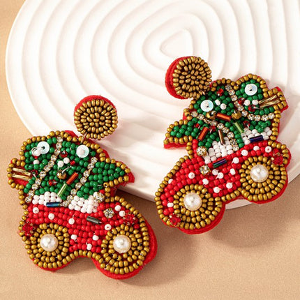 Adorable Seed Bead Rhinestone Christmas Tree Car Holiday Earrings