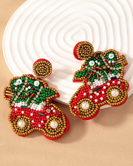 Adorable Seed Bead Rhinestone Christmas Tree Car Holiday Earrings