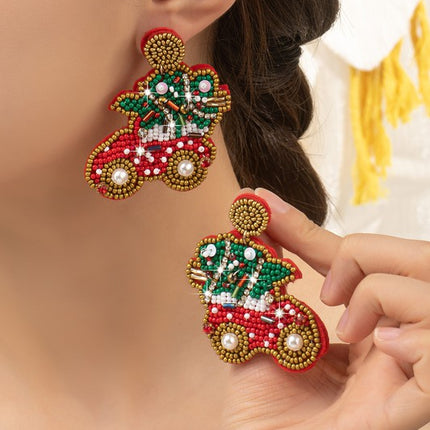 Adorable Seed Bead Rhinestone Christmas Tree Car Holiday Earrings