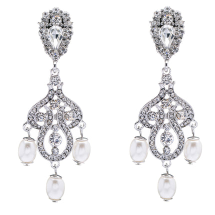 Bridal Wedding Jewelry Crystal Rhinestone Pearl Vintage Dangle Earrings White - Accessoriesforever