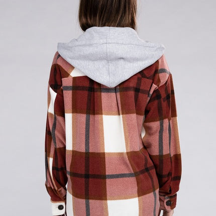 Comfy Casual Plaid Drawstring Hooded Fleece Shacket - Accessoriesforever
