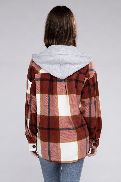 Comfy Casual Plaid Drawstring Hooded Fleece Shacket - Accessoriesforever