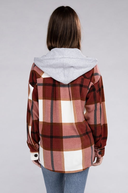 Comfy Casual Plaid Drawstring Hooded Fleece Shacket