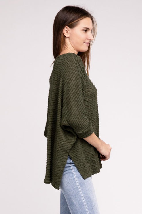 Chic Elegant Trendy 3/4 Sleeve V-Neck Hi-Low Hem Jacquard Sweater