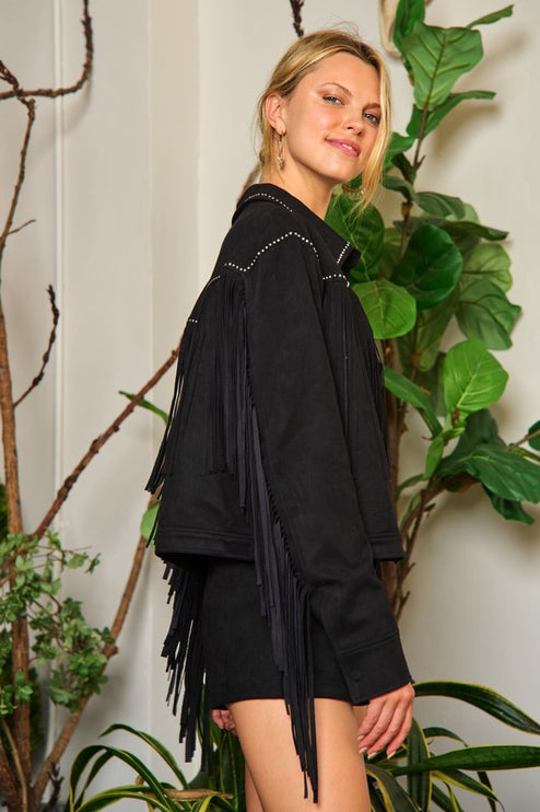 Boho Suede Fringe Jacket with Stud Details and Button Front