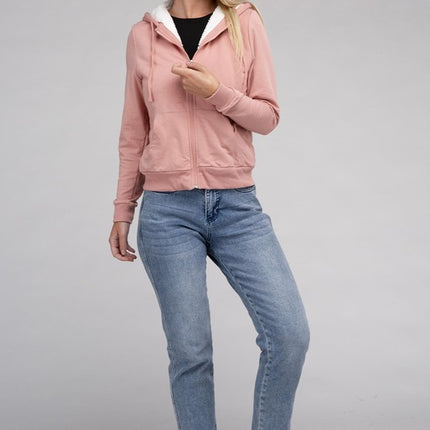 Cropped Fuzzy-Lined Zip-Up Hoodie with Long Sleeves