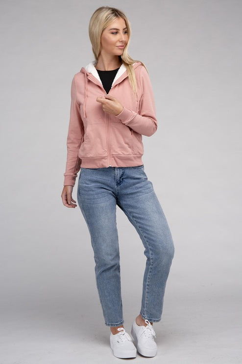 Cropped Fuzzy-Lined Zip-Up Hoodie with Long Sleeves