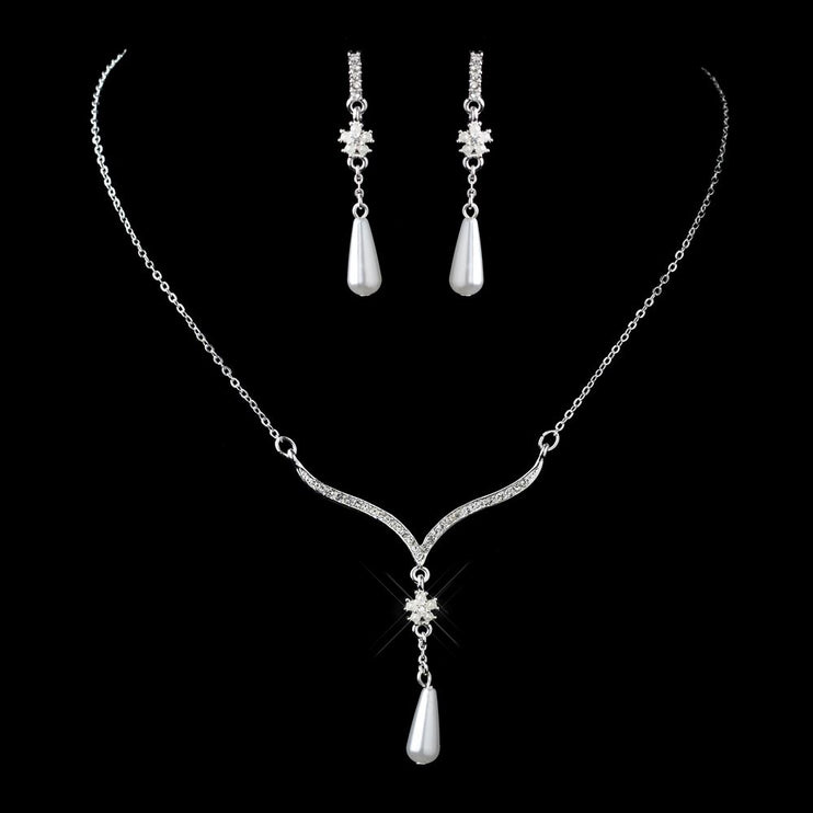 Bridal Wedding Jewelry Crystal Rhinestone Pearl Simple Elegant Y Necklace Silver