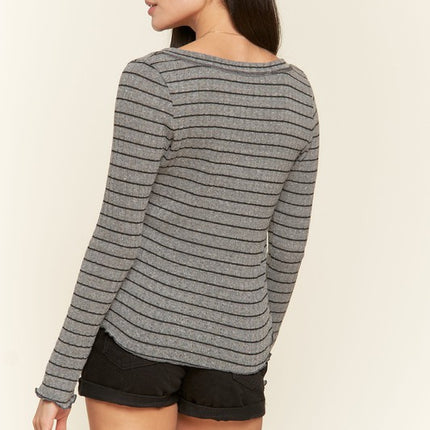 Casual Classic Button Detail Round Neck Striped Fashion Top