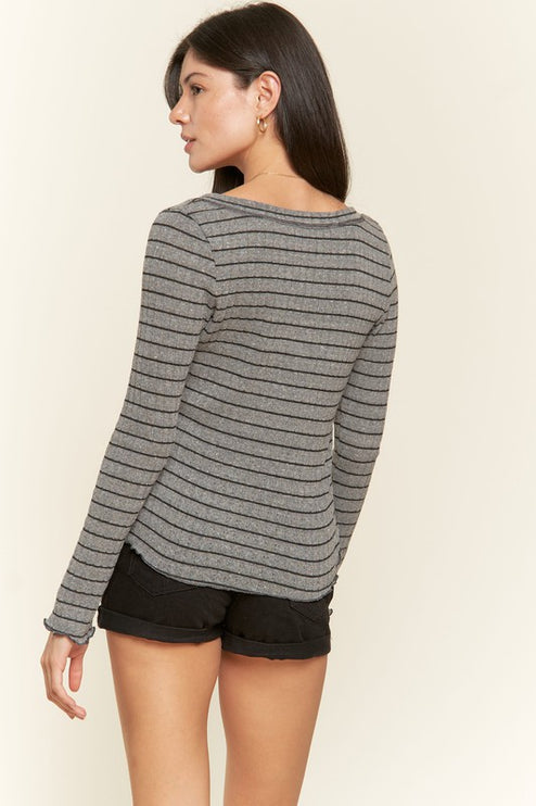 Casual Classic Button Detail Round Neck Striped Fashion Top