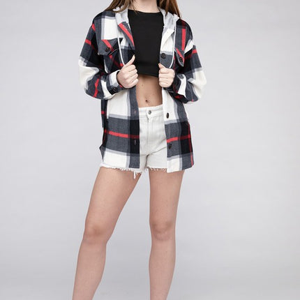 Comfy Casual Plaid Drawstring Hooded Fleece Shacket - Accessoriesforever