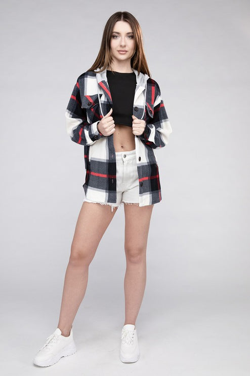 Comfy Casual Plaid Drawstring Hooded Fleece Shacket